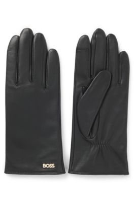 Touchscreen-friendly leather gloves with logo rivet, Black