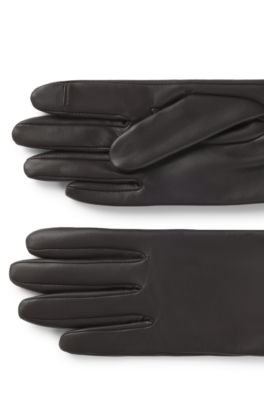 Touchscreen-friendly leather gloves with logo rivet, Brown