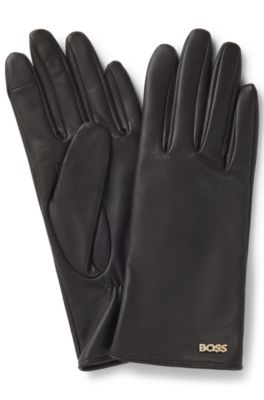 Guantes de piel aptos para pantallas t&aacute;ctiles con remache con logo, Marr&oacute;n