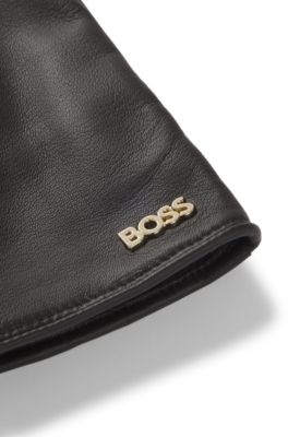 Guantes de piel aptos para pantallas t&aacute;ctiles con remache con logo, Marr&oacute;n