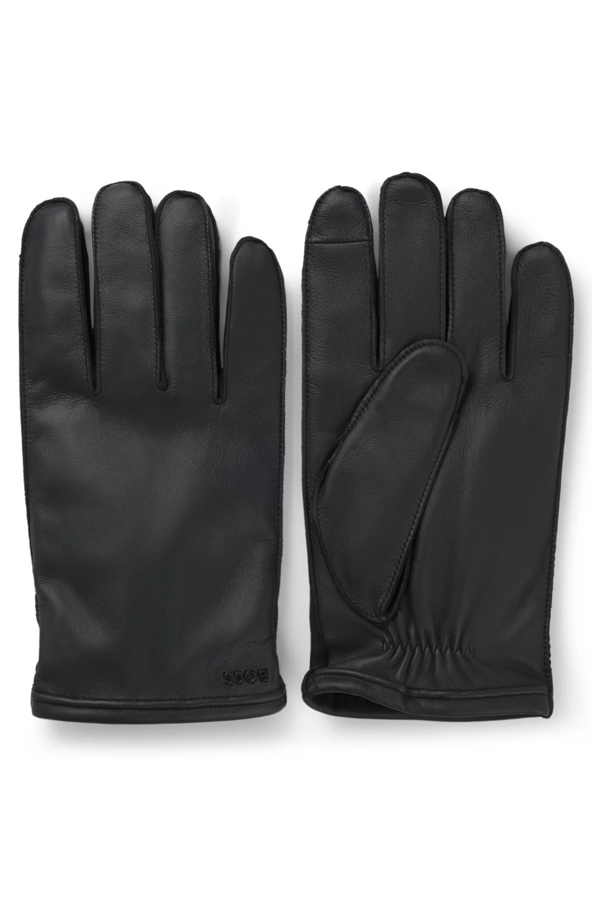 Touch-tech leather gloves with metal logo detail, Black