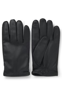 Touch-tech leather gloves with metal logo detail, Black