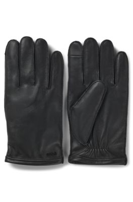 Touch-tech leather gloves with metal logo detail, Black