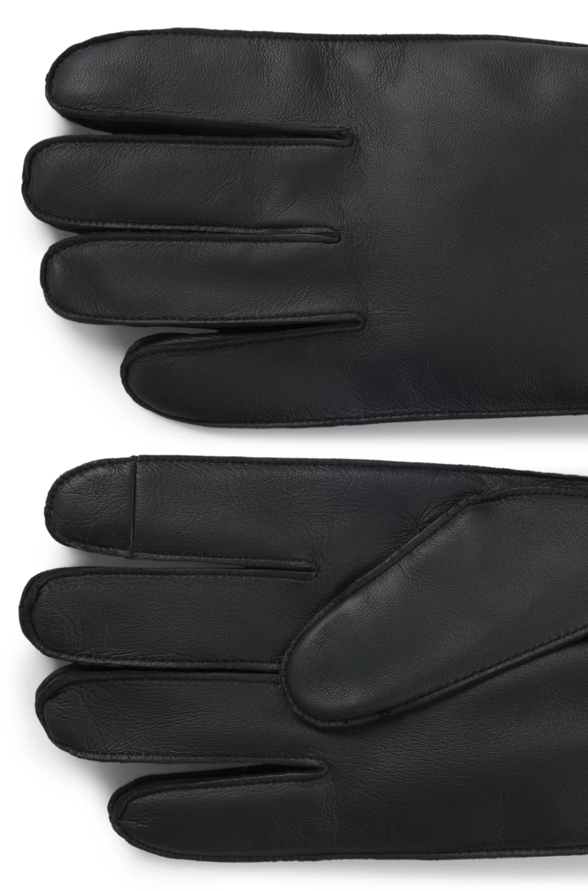 Touch-tech leather gloves with metal logo detail, Black