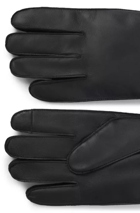 Touch-tech leather gloves with metal logo detail