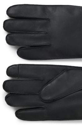 Touch-tech leather gloves with metal logo detail, Black