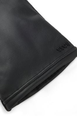 Touch-tech leather gloves with metal logo detail, Black