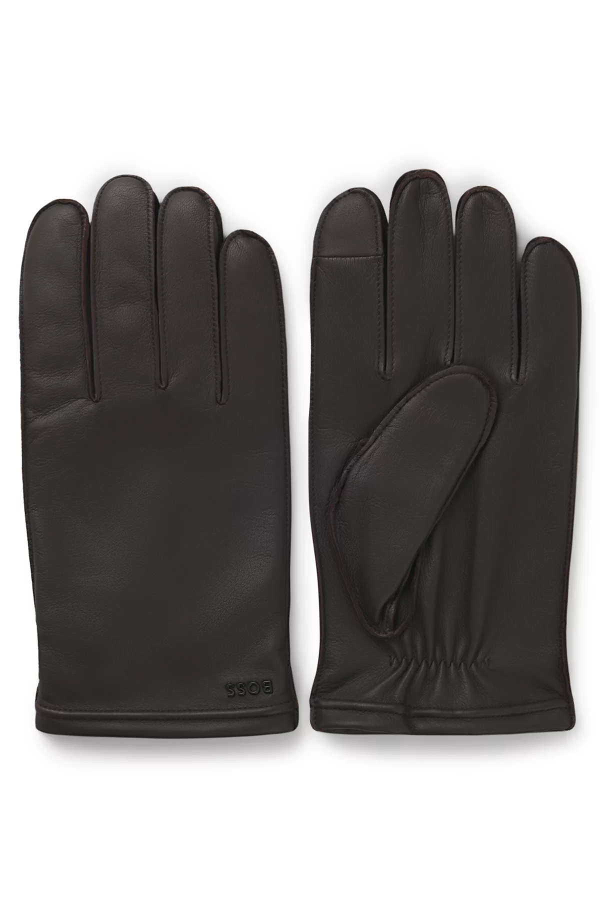 Touch-tech leather gloves with metal logo detail, Dark Brown
