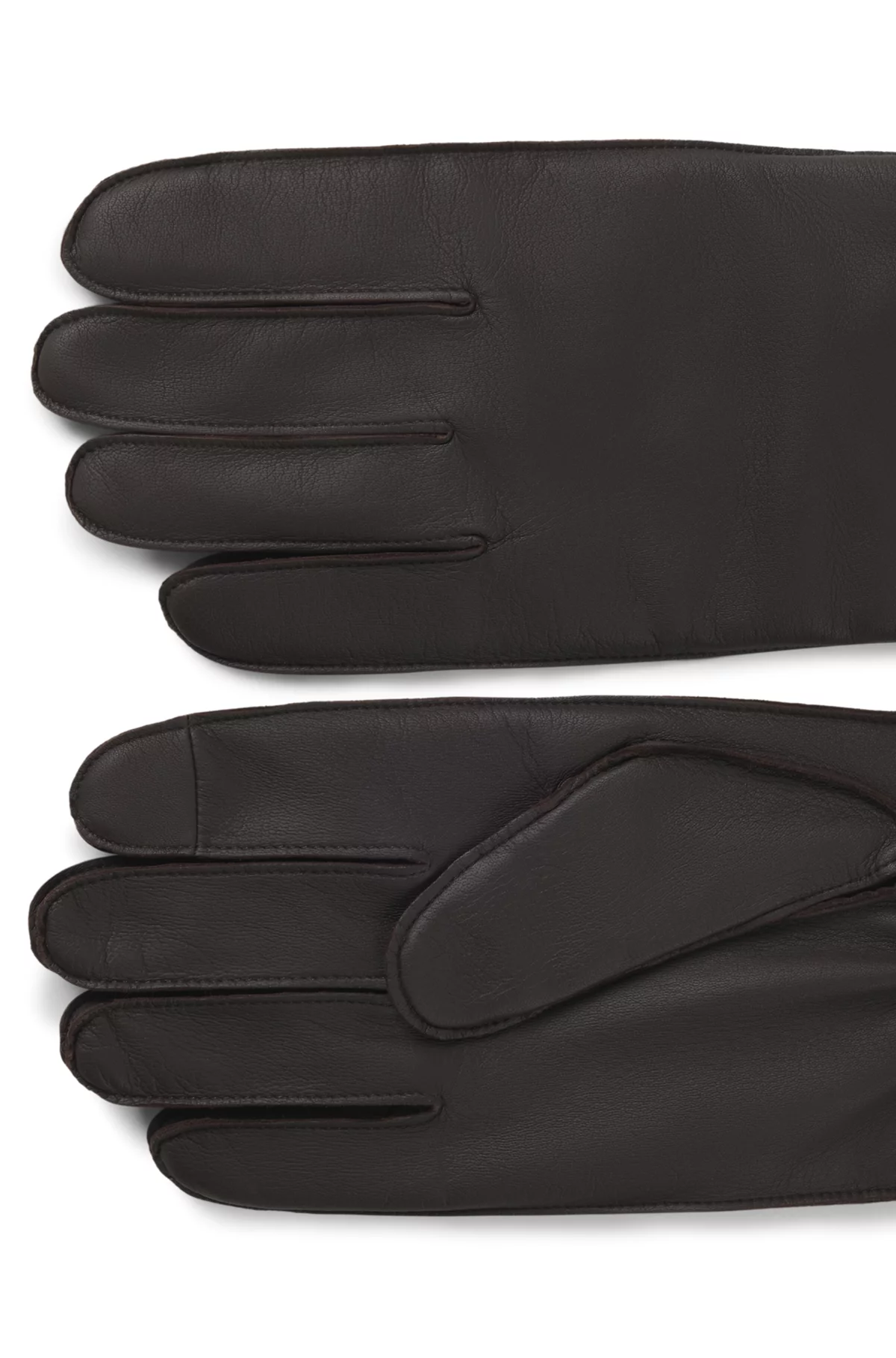 Touch-tech leather gloves with metal logo detail, Dark Brown