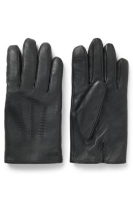 Gants en cuir doubl&eacute;s en laine m&eacute;lang&eacute;e avec logo, Noir