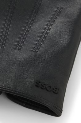 Wool-blend-lined leather gloves with logo, Black