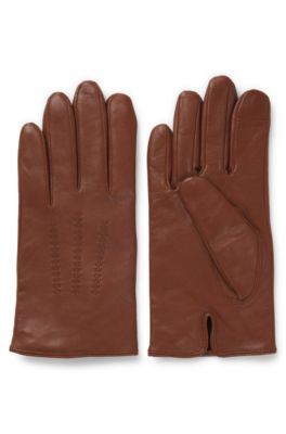 Guantes de piel aptos para pantallas t&aacute;ctiles con letras de logo met&aacute;licas, Marr&oacute;n