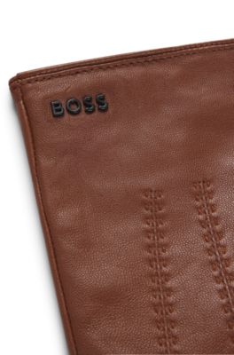 Gants en cuir adapt&eacute;s aux &eacute;crans tactiles avec logo m&eacute;tallique, Marron