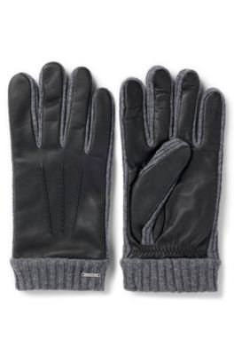 Hugo Boss Logo-trim Gloves In Wool And Leather In Black