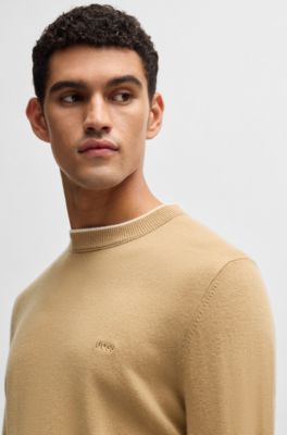 Virgin-wool sweater with embroidered logo, Beige