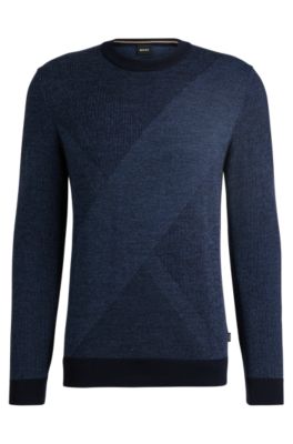 スウェット・トレーナー BOSS Logo Embroidered Wool Blend Turtle Neck Sweater Navy BOSS - Virgin-wool sweater with two-tone jacquard pattern