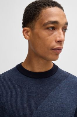 Pull en laine vierge &agrave; motif jacquard bicolore, Bleu fonc&eacute;