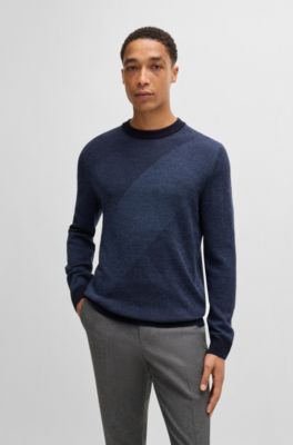 Pull en laine vierge &agrave; motif jacquard bicolore, Bleu fonc&eacute;