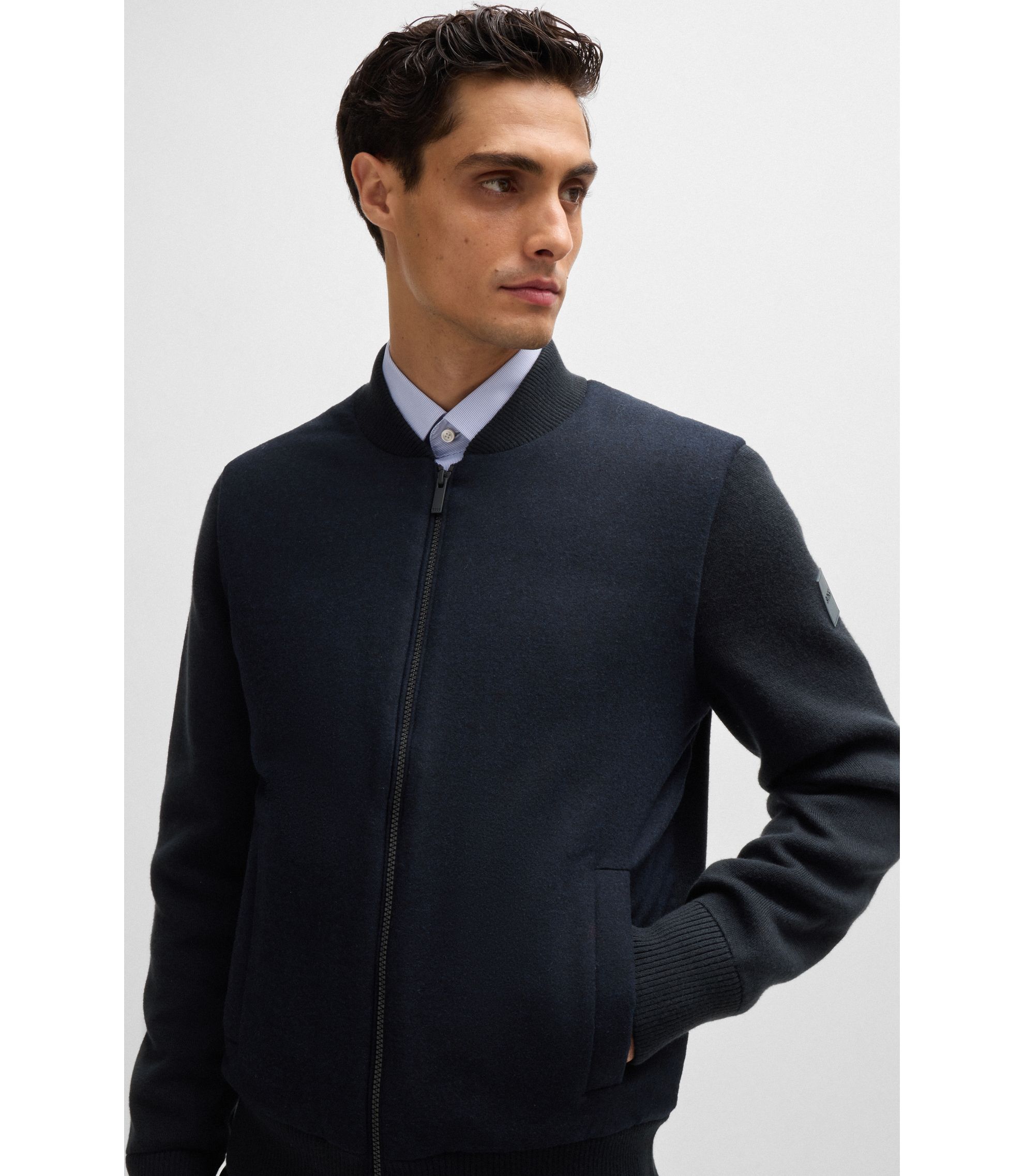 BOSS - Regular-fit zip-up jacket with padded front panel - Dark Blue