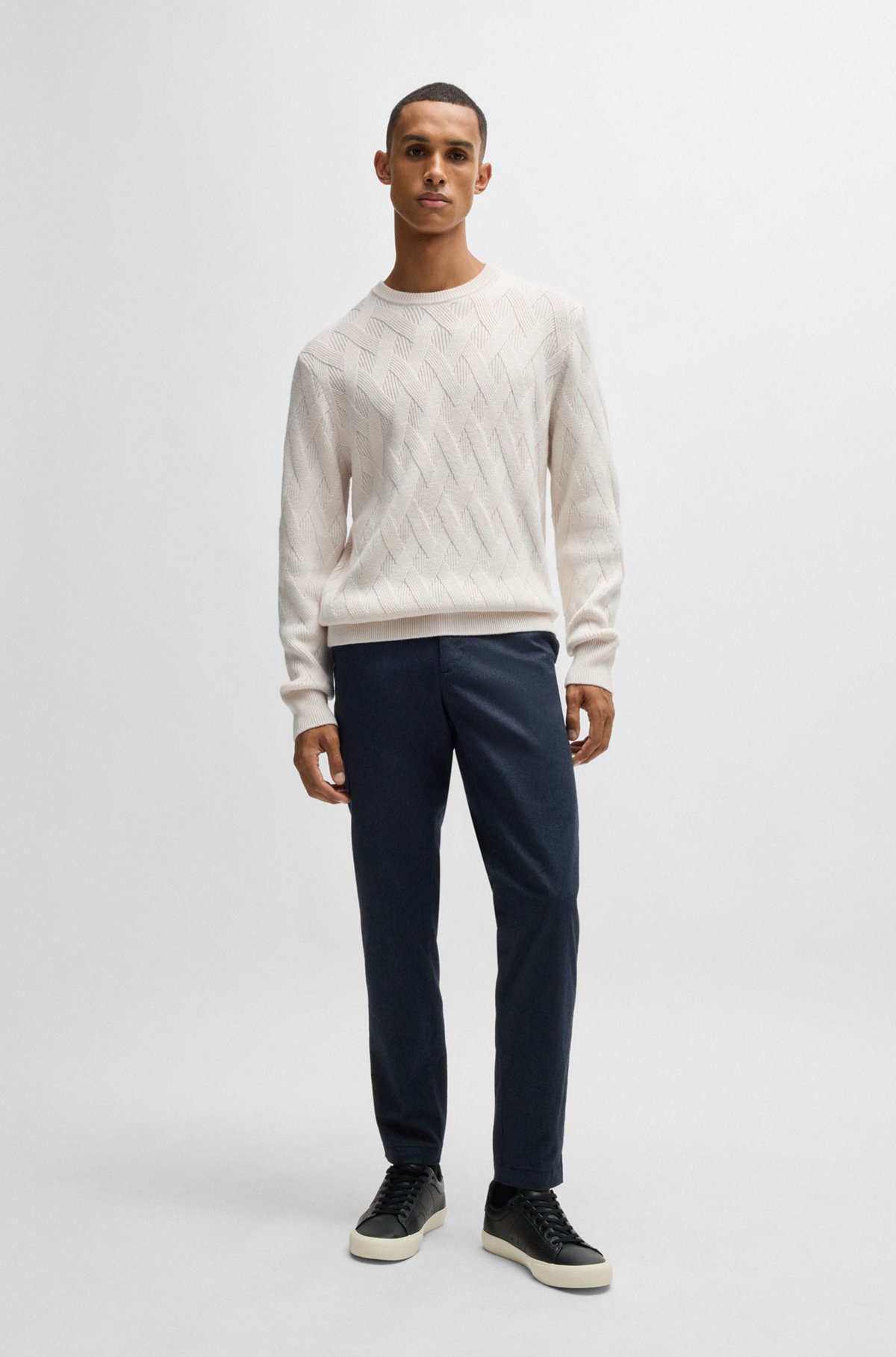 BOSS - Wool regular-fit sweater with knitted structure - White BOSS - Wool regular-fit sweater with knitted structure - White