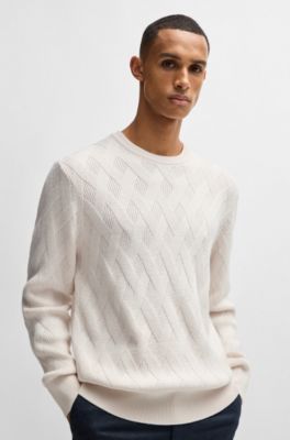 Wool regular-fit sweater with knitted structure, White