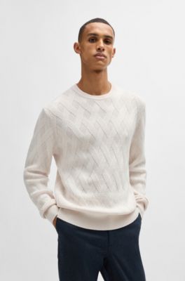 Wool regular-fit sweater with knitted structure, White