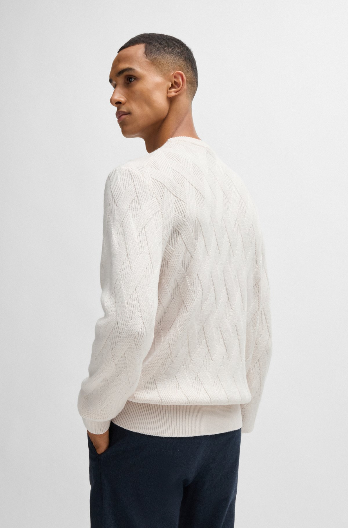 BOSS - Wool regular-fit sweater with knitted structure - White BOSS - Wool regular-fit sweater with knitted structure - White