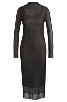 Hugo Boss Stretch-mesh Dress With Sequinned Underlayer In Black