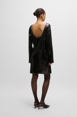 Long-sleeved sequinned dress, Black