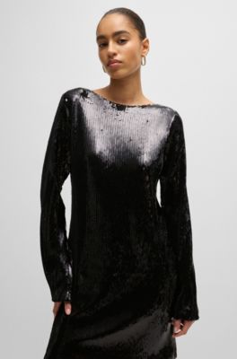 Long-sleeved sequinned dress, Black
