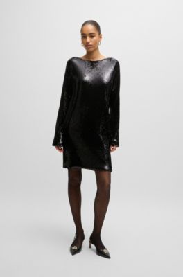 Long-sleeved sequinned dress, Black