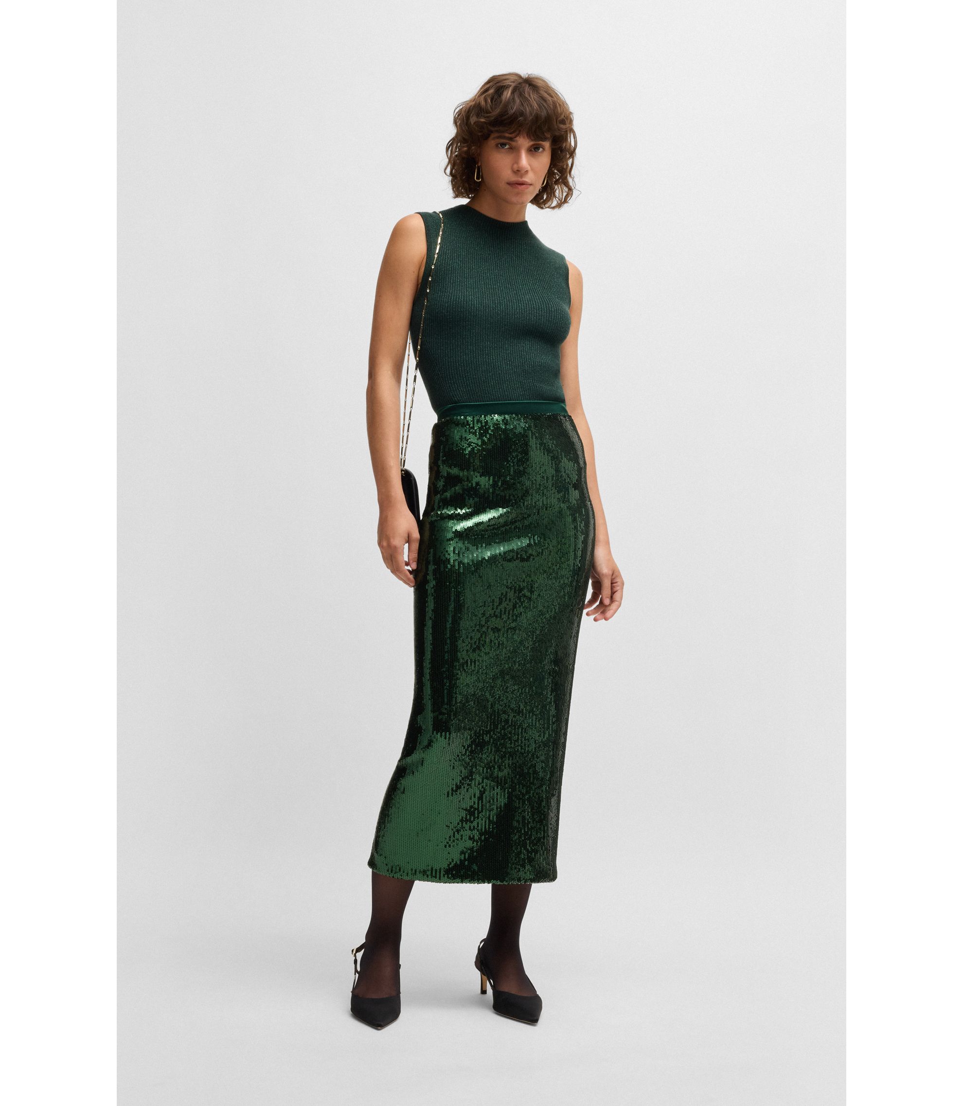 BOSS Relaxed-fit midi skirt with sequin embellishments Light Green