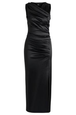 Long-length high-shine dress with wrap effect, Black