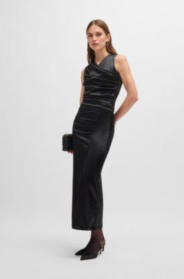 Long-length high-shine dress with wrap effect, Black