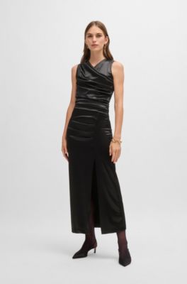 Long-length high-shine dress with wrap effect, Black