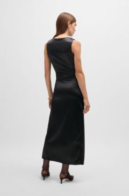 Long-length high-shine dress with wrap effect, Black