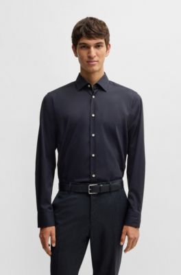 Regular-fit shirt in easy-iron stretch-cotton poplin, Dark Blue