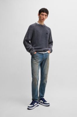 Rib-knit cotton sweater with Happy HUGO logo badge, Dark Blue