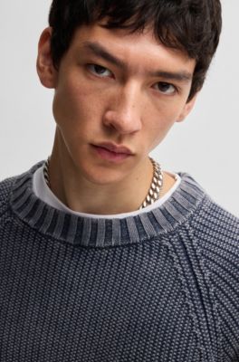 Rib-knit cotton sweater with Happy HUGO logo badge, Dark Blue