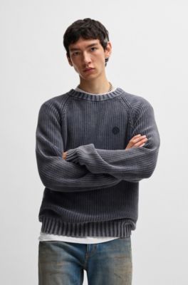 Rib-knit cotton sweater with Happy HUGO logo badge, Dark Blue