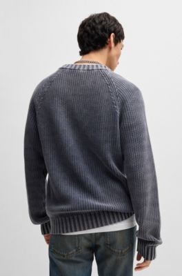 Rib-knit cotton sweater with Happy HUGO logo badge, Dark Blue