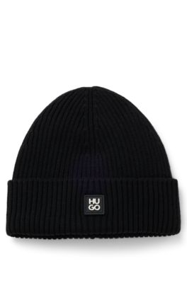 Gorro de punto de lana virgen con detalle de logo apilado, Negro