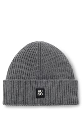 Hugo Boss Virgin-wool Beanie Hat With Stacked Logo In Grey