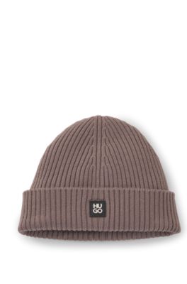 Virgin-wool beanie with stacked logo, Brown