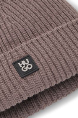 Virgin-wool beanie with stacked logo, Brown