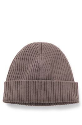 Gorro de punto de lana virgen con detalle de logo apilado, Marr&oacute;n
