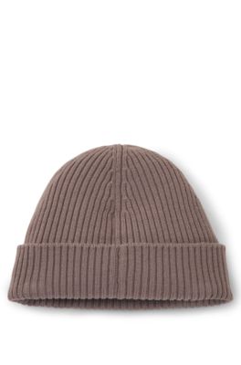 Virgin-wool beanie with stacked logo, Brown