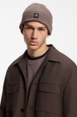 Virgin-wool beanie with stacked logo, Brown