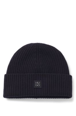 Gorro de punto de lana virgen con detalle de logo apilado, Azul oscuro