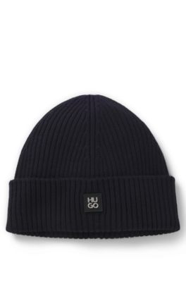 Virgin-wool beanie with stacked logo, Dark Blue
